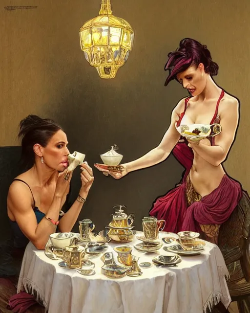 Image similar to Portrait of Jodie Marsh & a mallard & a pig having tea at the Ritz, real life skin, intricate, elegant, highly detailed, artstation, concept art, smooth, sharp focus, art by artgerm and greg rutkowski and alphonse mucha