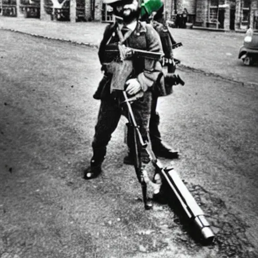 Image similar to leprechaun in the ira, historical photograph, restored, gun, irish, terrorism