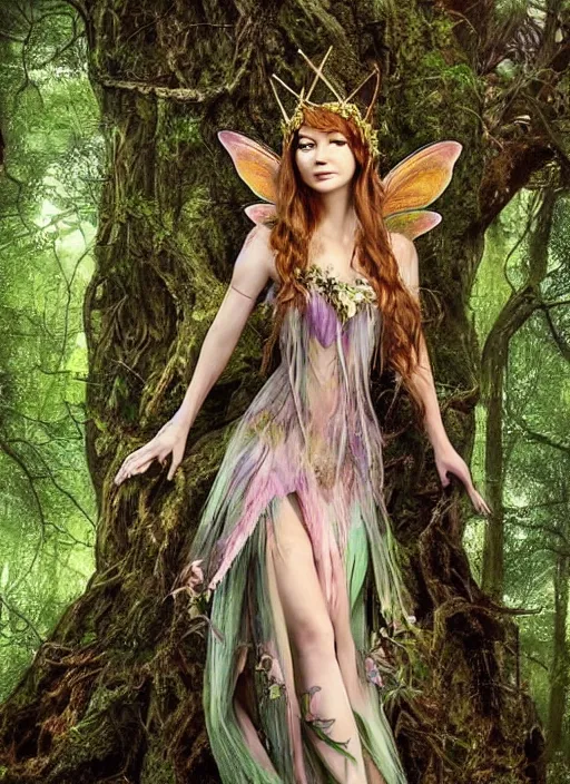 Prompt: beautiful beautiful full body portrait fairy faerie fey fae queen standing in forest highly detailed subtle enchanting alluring magic