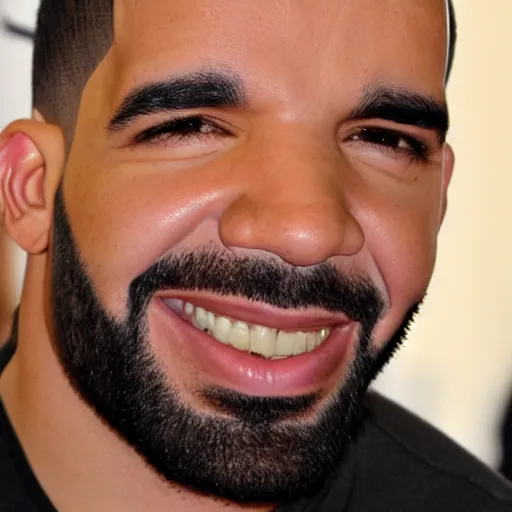 Image similar to drake with a big smile and bloody wide open eyes, detailed face, sharp focus