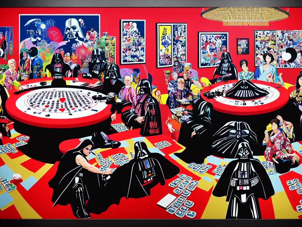 Image similar to hyper - realistic composition of a large room with an extremely detailed poker table in the center, woman in traditional japanese kimono standing nearby, darth vader sitting at the table, fireworks in the background, pop art style, jackie tsai style, andy warhol style, acrylic on canvas, dull palette