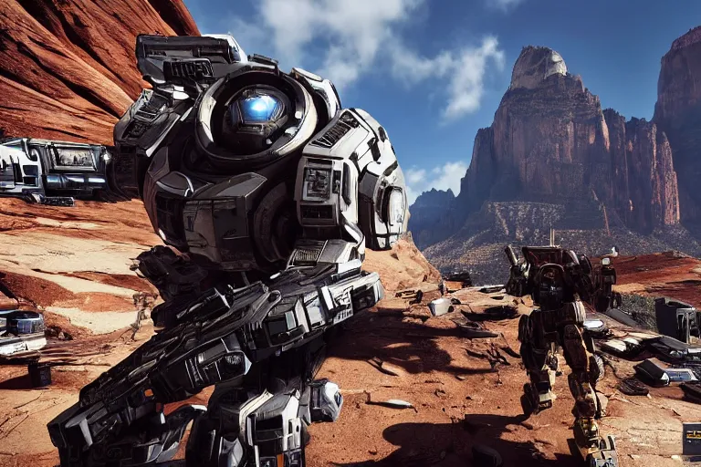 Prompt: cinematography of a cinematic ultra realist and ultra intricate detailed fps photo of a beautiful sci-fi armored Apex legends Destiny Titanfall fall shooter shootout in Zion national park by Emmanuel Lubezki