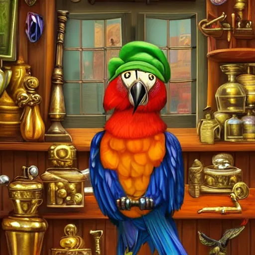 Image similar to Anthropomorphized parrot trader in his shop, selling his wares, portrait, items, gold, magic potions, carpet, window, fancy hat, sly expression , cunning expression, cute expression, long thick shiny gold beak, presenting wares, holding an item, D&D, fantasy, cinematic lighting, highly detailed, digital painting, artstation, concept art, smooth, sharp focus, illustration, warm light, cozy warm tint, magic the gathering artwork, volumetric lighting, 8k, art by Akihiko Yoshida, Greg Rutkowski