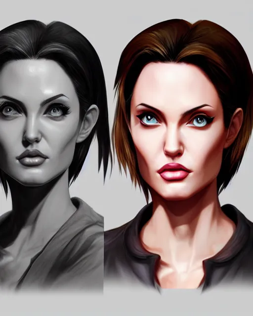 Image similar to capcom character, anime portrait of angelina jolie, highly detailed, digital painting, artstation, character, concept art, smooth