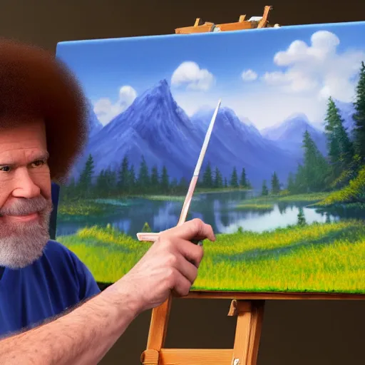 Image similar to a closeup photorealistic photograph of bob ross working on a canvas painting of mickey mouse. film still. brightly lit scene. mountains and trees. this 4 k hd image is trending on artstation, featured on behance, well - rendered, extra crisp, features intricate detail, epic composition and the style of unreal engine.