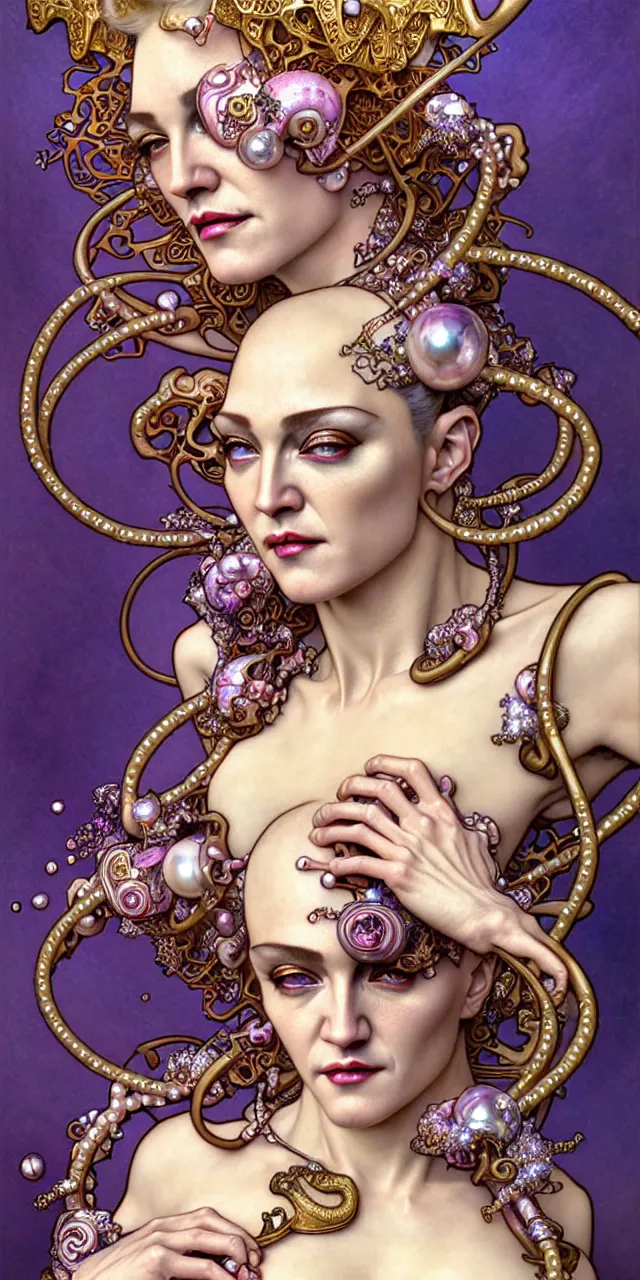 Image similar to beautiful madonna art nouveau fantasy character portrait, ultra realistic, intricate details, the fifth element artifacts, highly detailed by peter mohrbacher, hajime sorayama, wayne barlowe, boris vallejo, aaron horkey, gaston bussiere, craig mullins alphonse mucha, art nouveau curves swirls and spirals, flowers pearls beads crystals jewelry goldchains scattered