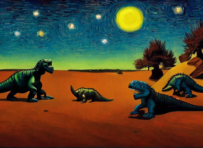 Image similar to painting of the extinction of the dinosaurs with asteroid and fire, in the style of edward hopper and vincent van gogh, dramatic lighting at dusk