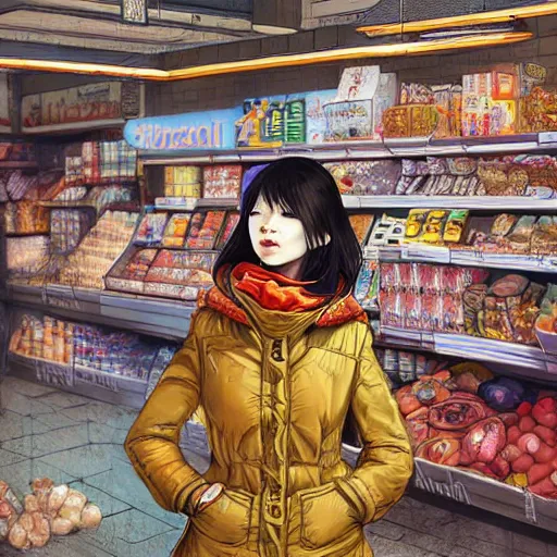 Image similar to the portrait a beautiful grocery young asia woman in down jacket, the background is a grocery store, winter, rural northeast an ultrafine hyperdetailed illustration by kim jung gi, irakli nadar, intricate linework, bright colors, octopath traveler, wenjun lin, unreal engine 5 highly rendered, global illumination, radiant light, detailed and intricate environment