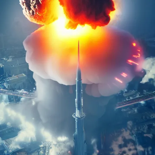 Prompt: centered action photography shot of extremely detailed hyper realistic thermonuclear bomb explosion in a city, professional film photography, 8 k, cinematic framing, cinematic lighting