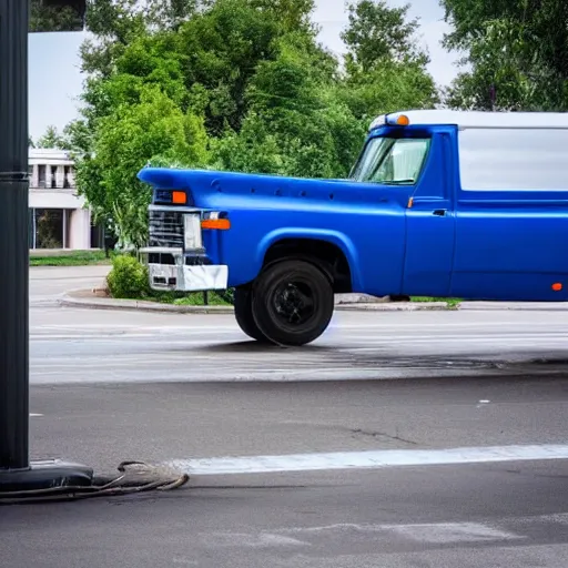 Image similar to blue truck dangling from atop a street light pole