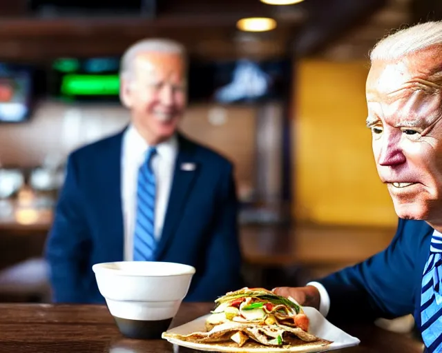 Prompt: a photo of joe biden at applebee's, asian wonton tacos, detailed face, ambient lighting, professional photography, 4 k ultra