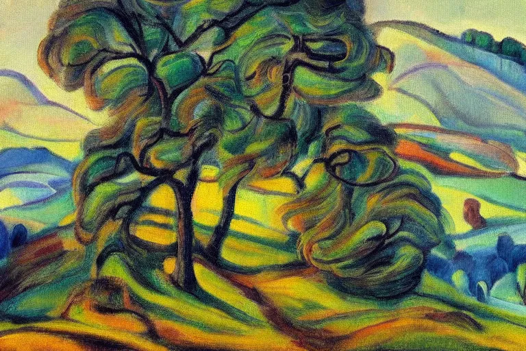 Image similar to masterpiece painting of oak trees on a hillside overlooking a creek, dramatic lighting, by emily carr