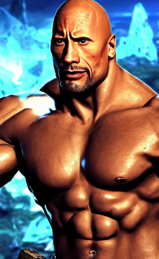 Prompt: Dwayne Johnson as a character in the game League of Legends, with a background based on the game League of Legends, detailed face, old 3d graphics