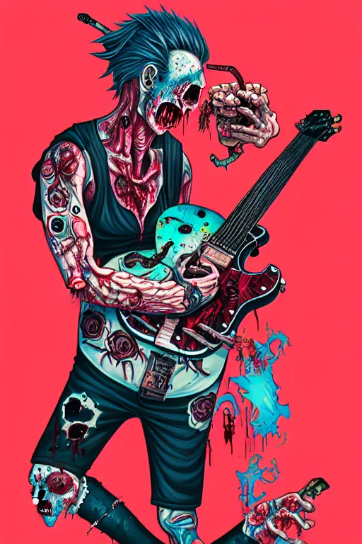 Prompt: a zombie punk playing guitar, tristan eaton, victo ngai, artgerm, rhads, ross draws