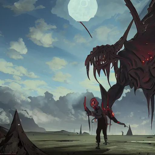 Image similar to a gigantic shadowy bug demon cyclops, medieval background, highly detailed, digital painting, artstation, matte, by makoto shinkai, animation style, studio ghibli, anime key visual