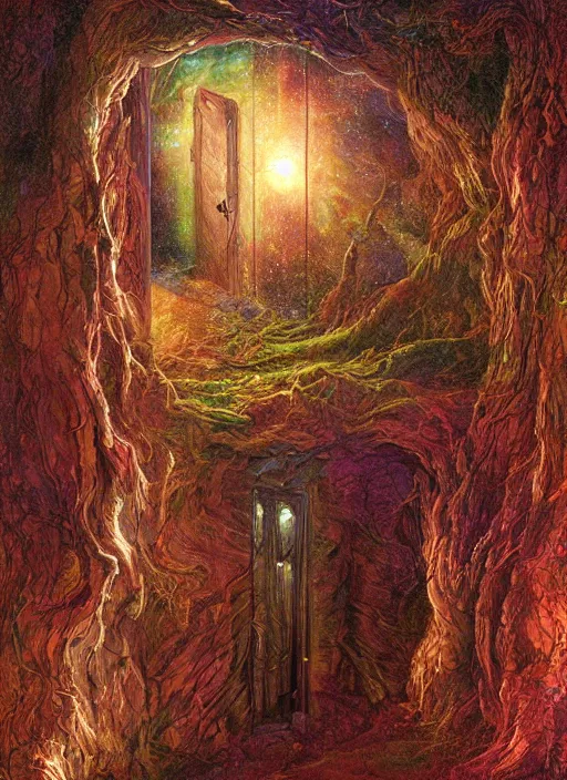 Prompt: astral wood door, artstation, ultradetailed, digital Painting, by James gurney and Pipilotti Rist