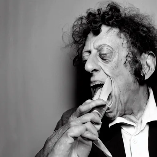 Prompt: Philip Glass putting LSD on his tongue