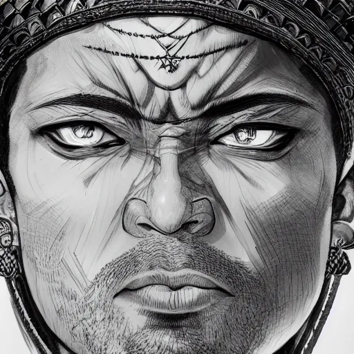 Prompt: a close up portrait of a sultan, focused gaze, art station, highly detailed, concept art, sharp focus, illustration in pen and ink, 4 k wide angle, by kentaro miura