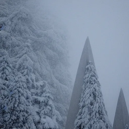 Image similar to a monolithic obelisk towering over a mountain in a taiga. overcast sky, grainy, snowing.