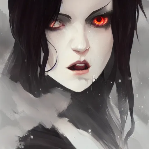 Image similar to female human vampire witch in the style of greg rutkowski, makoto shinkai, trending on artstation, character design, concept art, pretty face, highly detailed, long black hair, portrait, digital art