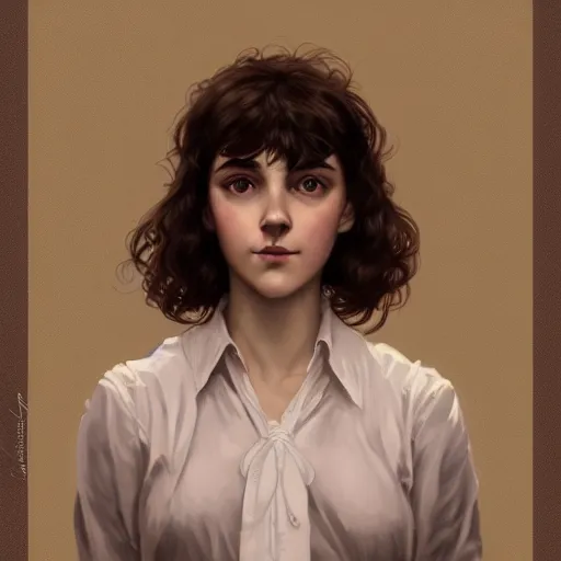 Image similar to portrait of a welsh teenage girl with brown hair, glowing skin, delicate features, amelie poulain, fantasy, intricate, elegant, dress shirt, highly detailed, digital painting, artstation, concept art, smooth, sharp focus, illustration, art by Krenz Cushart and Artem Demura and alphonse mucha