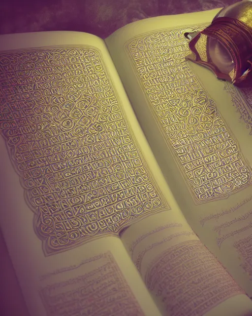 Image similar to pages of the quran falling down, gold filigree, romantic storybook fantasy, soft cinematic lighting, award, pastel color palette, featured on artstation