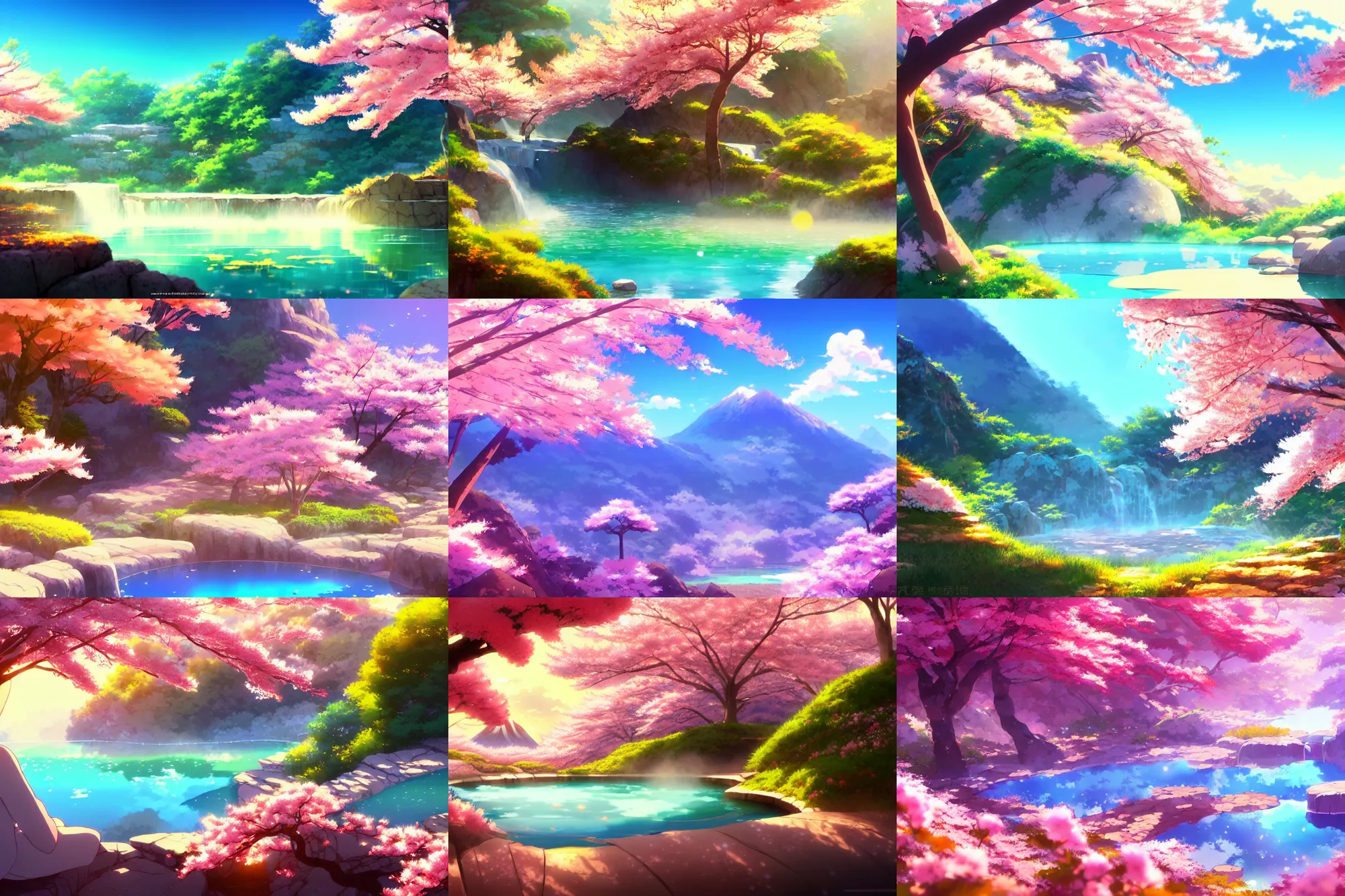 Prompt: a natural mountain hotspring, colorful anime movie background, key visual, bamboo, cherry blossom tree, warm color scheme, a fantasy digital painting by makoto shinkai and james gurney, trending on artstation, highly detailed