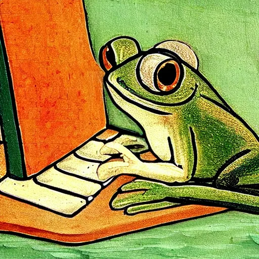 Image similar to medieval painting of a frog behind a computer