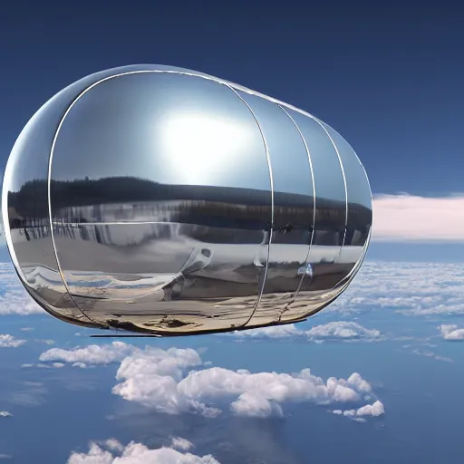 Prompt: an inflated stainless steel chrome gondola in the clouds, solarpunk