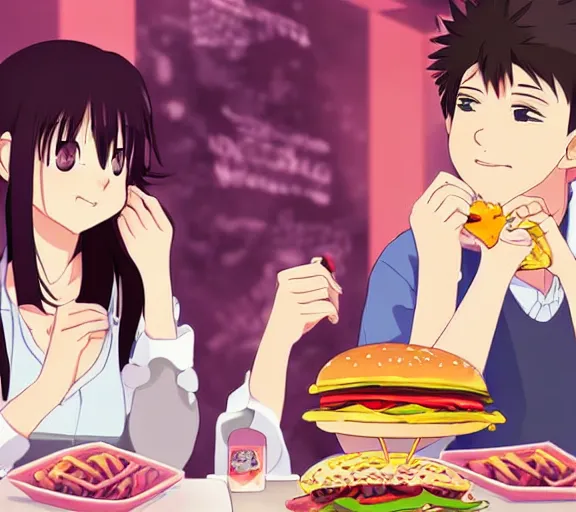 Image similar to A girl and her boyfriend are eating at a fast food restaurant, there are pink hearts around their heads, anime art, hd, smooth, elegant, Studio Ghibli