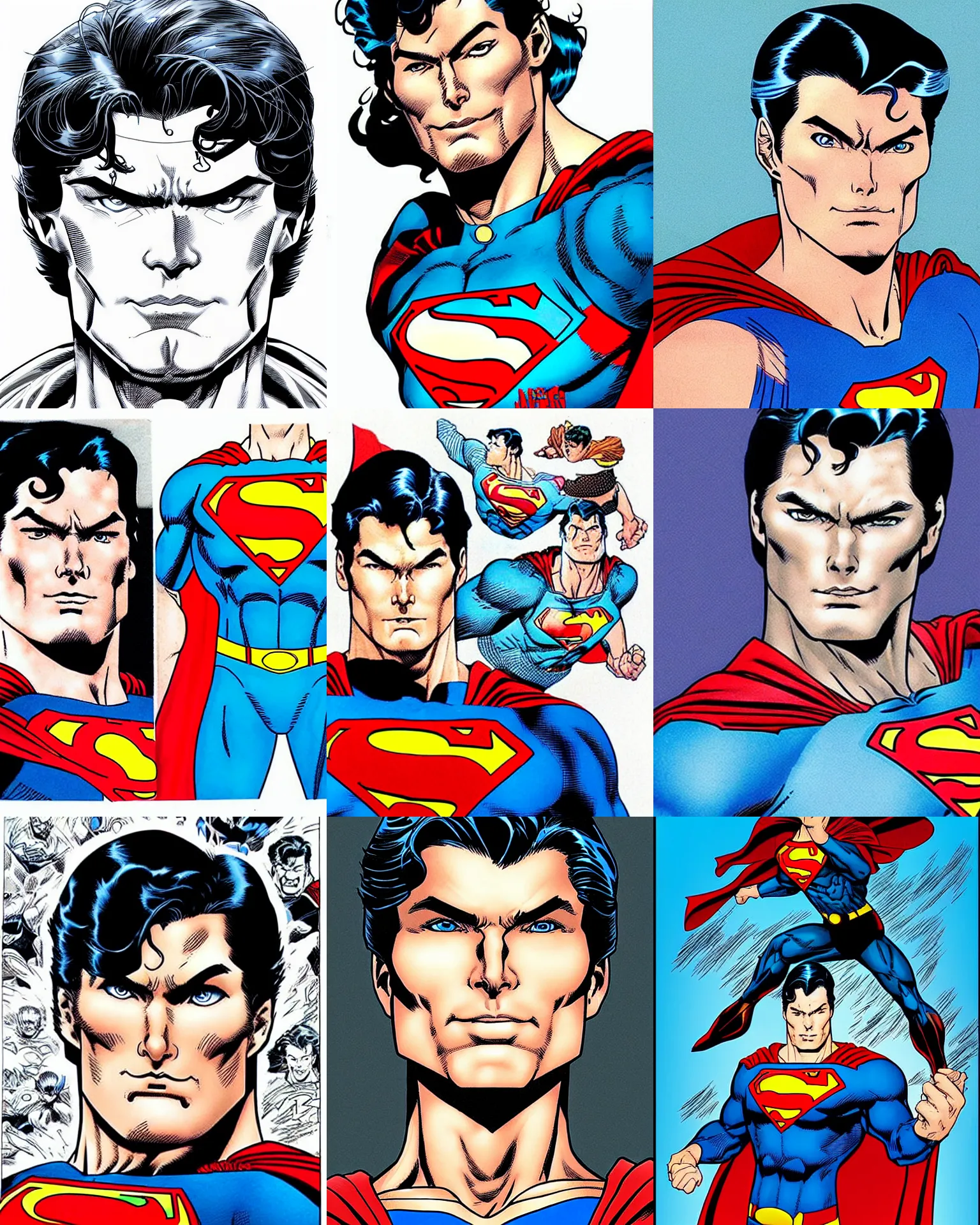 Prompt: jim lee!!! flat ink colored sketch by jim lee face close up headshot of real! christopher reeve!!! as superman in costume in the style of jim lee, x-men superhero comic book character by jim lee