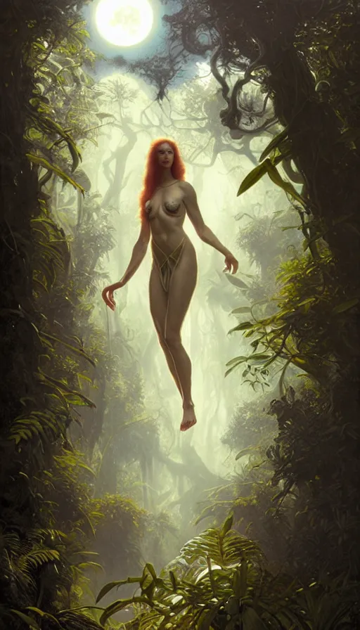 Image similar to hyper realistic alien, lush plants, full moon, light rays, gnarly trees by tom bagshaw, mucha, gaston bussiere, craig mullins, j. c. leyendecker 8 k