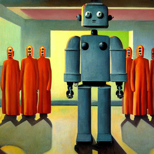 Image similar to robot bishop guards, human subjugation, brutalist supermax prison facility, end times, grant wood, pj crook, edward hopper, oil on canvas