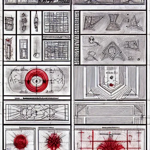 Image similar to simple blueprint drawings of spells, red symbols, blueprint red ink, calotype, lost grimoire, found papers, black paper, symmetry, RED writing, decay, full page writings, ornate borders + concept art, intricate writing, artstation, junji ito