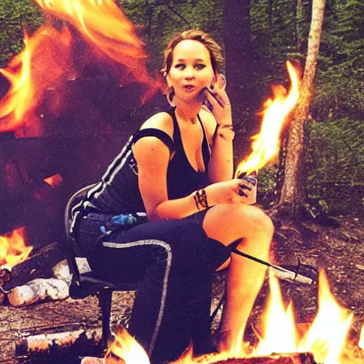 Image similar to polaroid shot of jennifer lawrence smoking a joint at a campfire