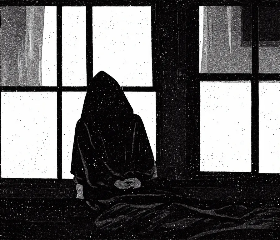 Image similar to sadie sink in hoodie sits on windowsill, knees tucked in | rain falls at night : single storyboard panel, scifi cyberpunk, b & w. by gabriel hardman, joe alves, chris bonura. cinematic atmosphere, detailed and intricate, perfect anatomy