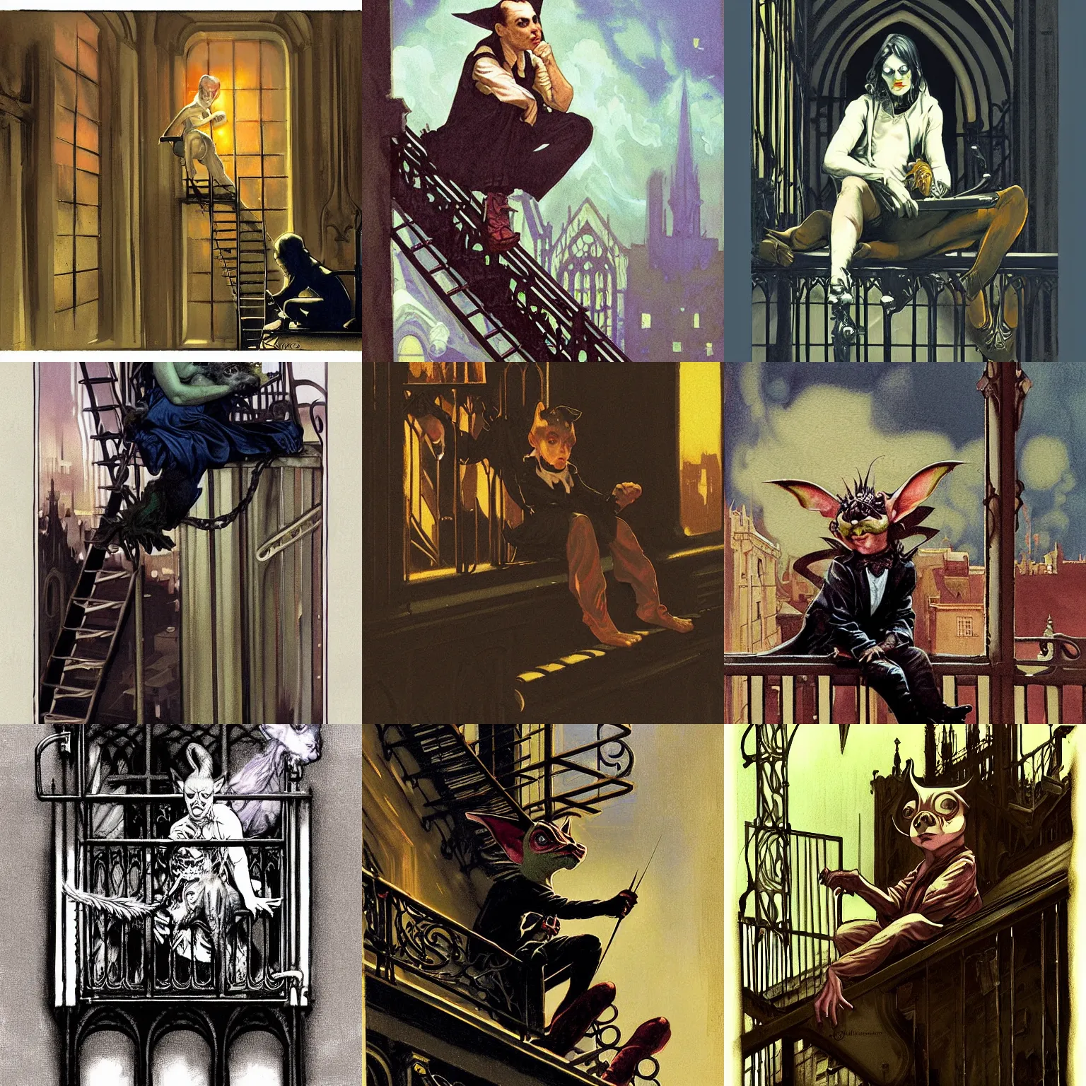 Prompt: character portrait of gremlin sitting down on a fire escape so high on mdma in gothic london, gothic, john singer sargent, muted colors, moody colors, illustration, digital illustration, amazing values, art by j. c. leyendecker, joseph christian leyendecker, william - adolphe bouguerea, graphic style, dramatic lighting, gothic lighting