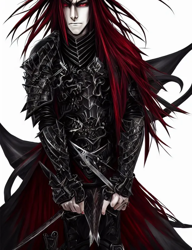 Image similar to a detailed manga portrait of a handsome vampire boy with long crimson hair in dark black spiked armour, trending on artstation, digital art, 4 k resolution, detailed, high quality, sharp focus, hq artwork, coherent, insane detail, character portrait