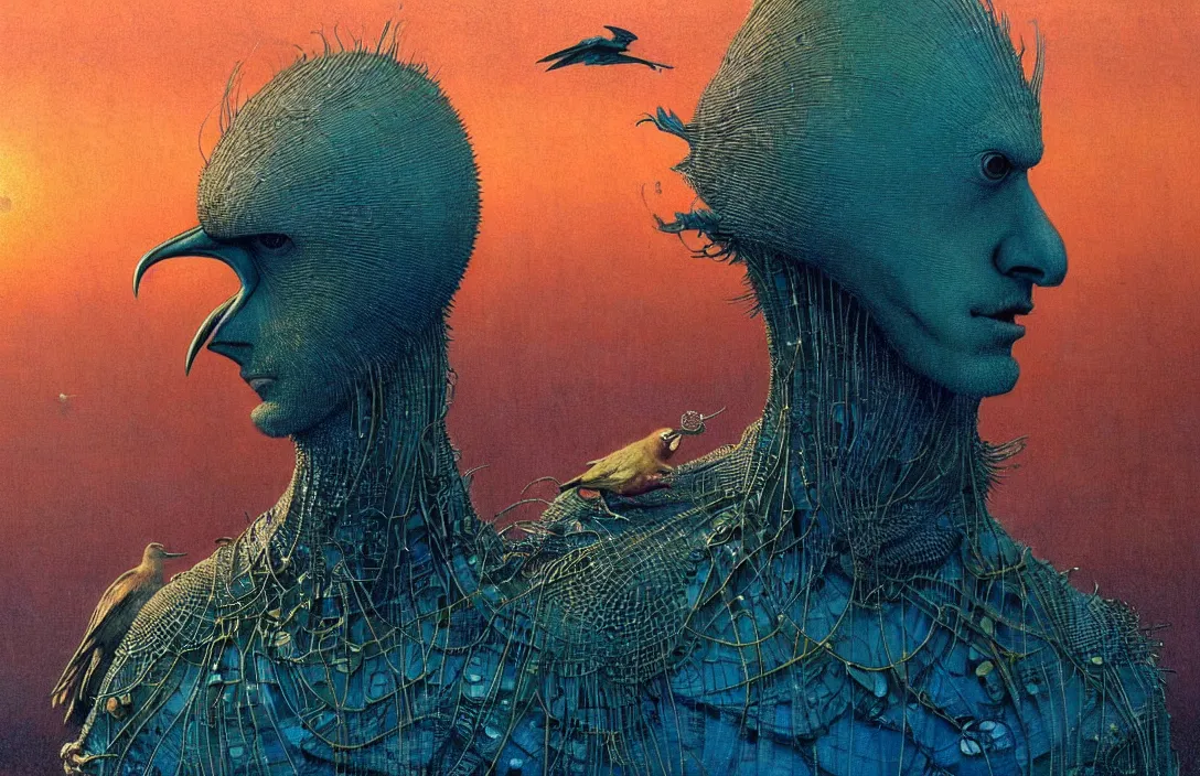 Image similar to realistic detailed portrait movie shot of a birdman wearing dark ragged robes, futuristic city sunset landscape background by denis villeneuve, amano, yves tanguy, alphonse mucha, ernst haeckel, max ernst, roger dean, masterpiece, rich moody colours, bird head, blue eyes, hyperdetailed