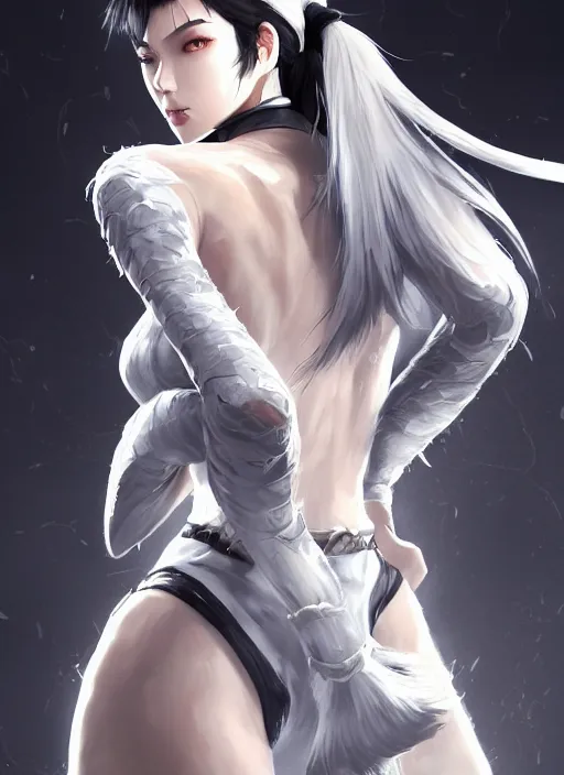 Prompt: a highly detailed illustration of fierce tall amazon messy ponytail black haired one armed delinquent japanese woman wearing white cap wearing long white jacket with cape, muscular, intricate, elegant, highly detailed, centered, digital painting, artstation, concept art, smooth, sharp focus, league of legends concept art, wlop.