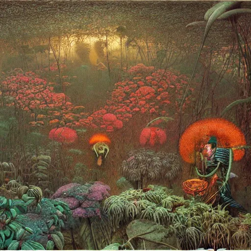 Prompt: a jungle full of strangely colored plants and fruits, high detail, painted by beksinski and hayao miyazaki