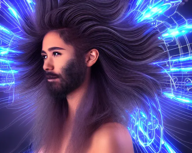 Image similar to cyberhair, complex cyberneticbeings, beautiful hairy cyberhumanoids, cybermagnetosphere, cybernetic ornate hair, love, joy, vortexes, large cyberarrays data holograms, 8 k, ultra hd, light shadows, wet hdr refractions, *, * * *, * * * * *