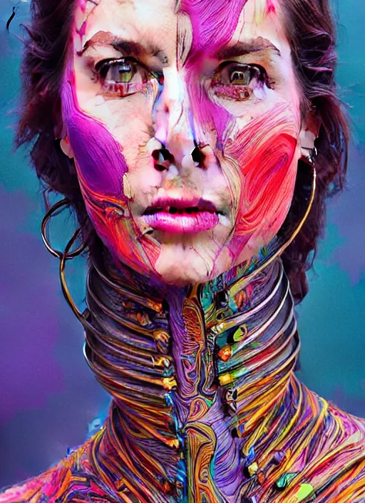 Prompt: portrait of catriona balfe as a long - neck woman with neck rings, hyper detailed ultra sharp trending on artstation, warpaint aesthetic, colorful, psychedelic, ornate, intricate, digital painting, concept art, smooth, sharp focus, illustration, art by artgerm and greg rutkowski and h. r. giger, 8 k