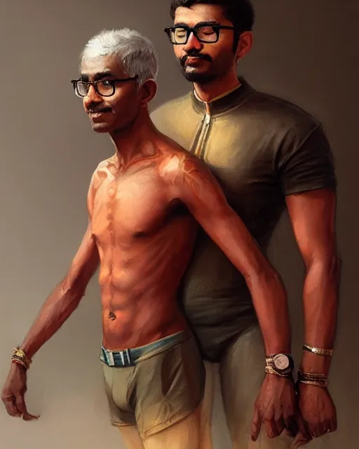 Prompt: portrait of a short man wearing glasses & cycling shorts holding a tall indian man, elegant, real life skin, intricate, high detailed, artstation, concept art, smooth, sharp focus, art by artgerm and greg rutkowski