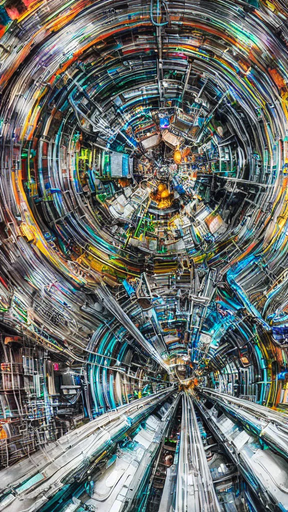 Prompt: macro photography of the giant psychedelic magical machine embedded within the mountain, industrial machinery, sedimentary rock and marble, pistons and valves, hadron collider, super conducters, reactor circuits, isometric, cool dark tones in the style of Luis García Mozos