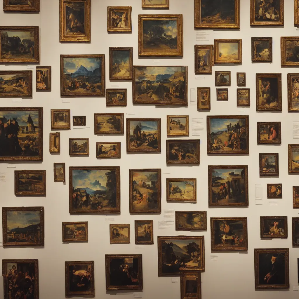 Image similar to a wall at an exhibition that has six of the world's most famous paintings