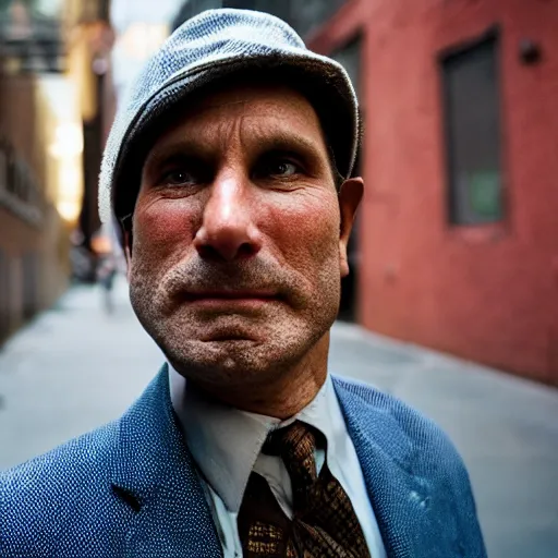 Prompt: closeup portrait of a snake oil salesman in a smoky new york back street, photograph, magazine, press, photo, Steve McCurry, David Lazar, Annie Leibovitz, CANON Eos C300, ƒ1.8, 35mm, 8K