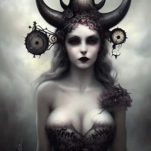Prompt: By Tom Bagshaw, ultra realist soft painting portrait of zynoid curiosities carnival by night, very beautiful horned single dollpunk gothic fully dressed fading, symmetry accurate features, very intricate details, ominous sky, black and white, volumetric light clouds