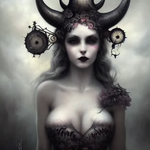 Image similar to By Tom Bagshaw, ultra realist soft painting portrait of zynoid curiosities carnival by night, very beautiful horned single dollpunk gothic fully dressed fading, symmetry accurate features, very intricate details, ominous sky, black and white, volumetric light clouds