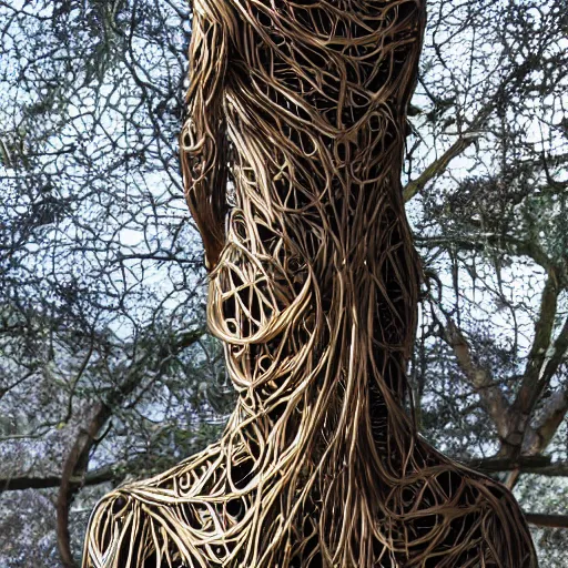 Image similar to a human man statue encased by a cosmic tree, a sense of awe, amazement, monogon, plasma display, wooden, silver, mercury, damascus, armature wire, multiscopy, morph, in a symbolic and meaningful style, insanely detailed and intricate, hypermaximalist, elegant, ornate, hyper realistic, super detailed,